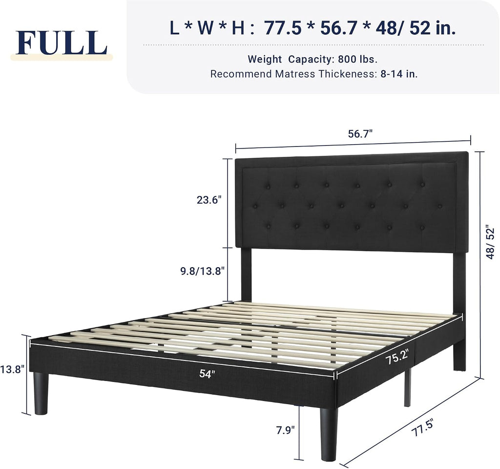 Allewie Full Size Upholstered Platform Bed Frame with Adjustable Headboard, Button Tufted, Wood Slat Support, Easy Assembly, Black