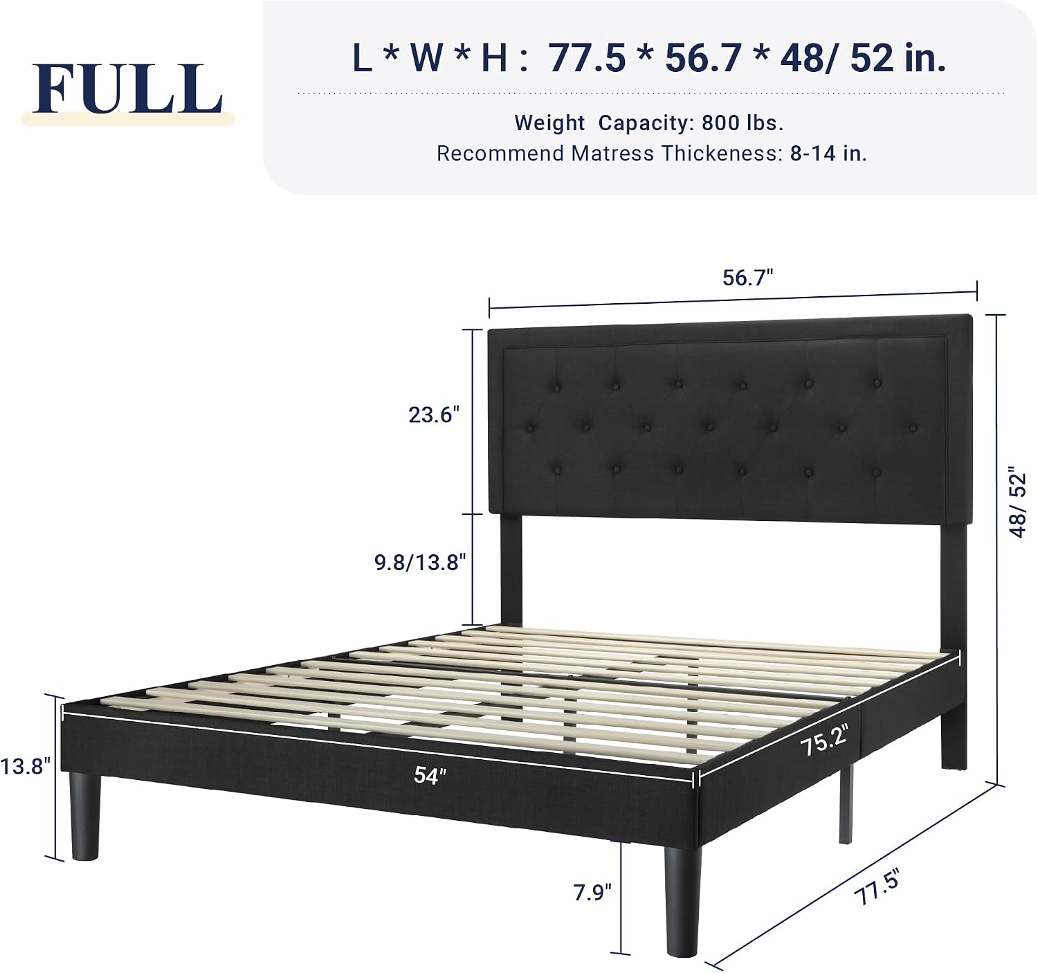 Allewie Full Size Upholstered Platform Bed Frame with Adjustable Headboard, Button Tufted, Wood Slat Support, Easy Assembly, Black