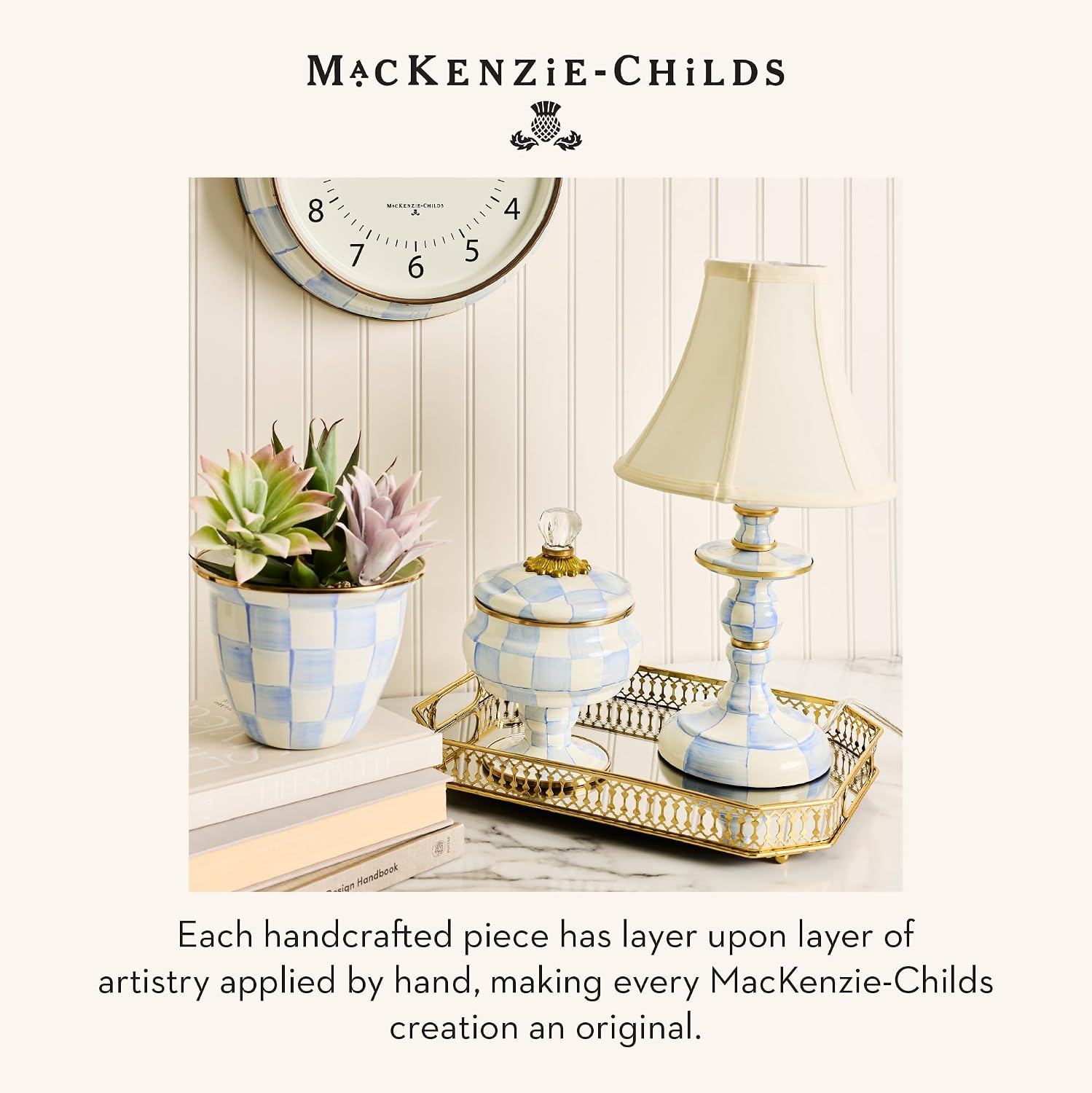 MACKENZIE-CHILDS School Wall Clock, Decorative Enamel Clock for Kitchen and Living Room, Light-Blue-and-White Sky Check