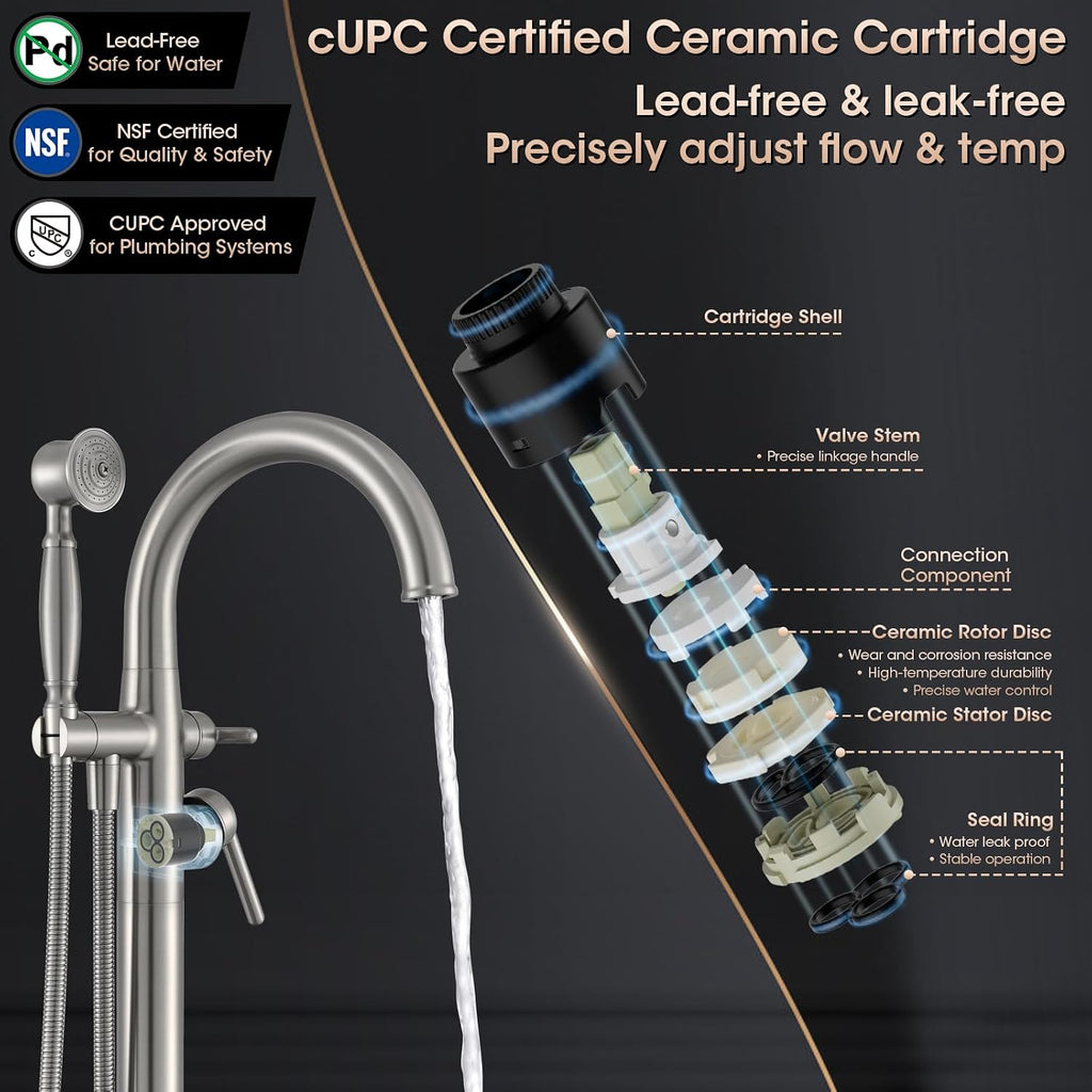 Brushed Nickel Freestanding Bathtub Faucet,Brass Floor Mount Tub Faucet High Flow Max 6.6GPM/60PSI with Hand Shower