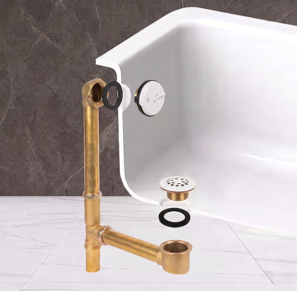 Fine Fixtures Bathtub Shower Drain - 20 Gauge Brass Tubing, Trip Lever Overflow Assembly Tub Drain Kit - Matte White