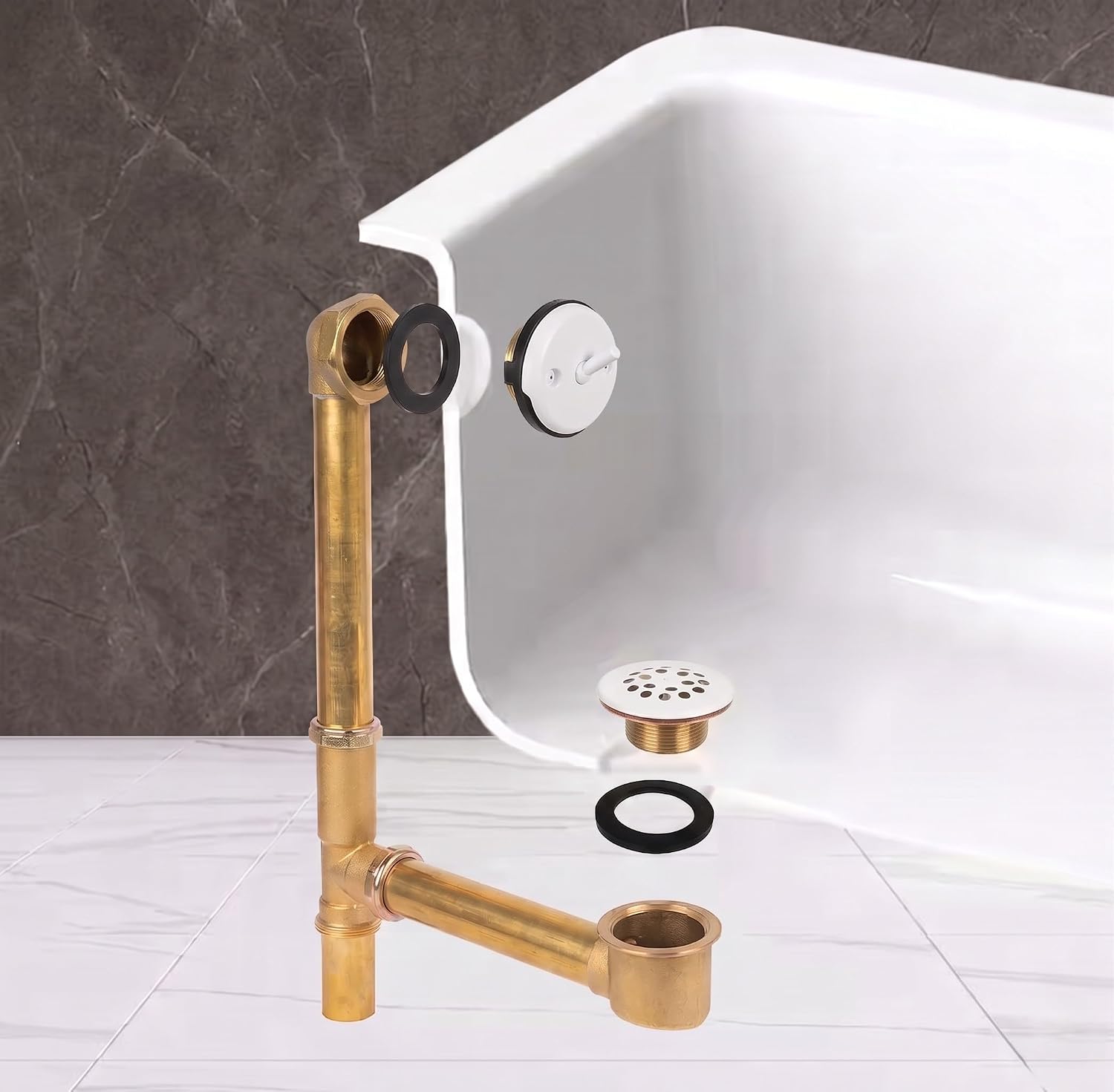 Fine Fixtures Bathtub Shower Drain - 20 Gauge Brass Tubing, Trip Lever Overflow Assembly Tub Drain Kit - Matte White