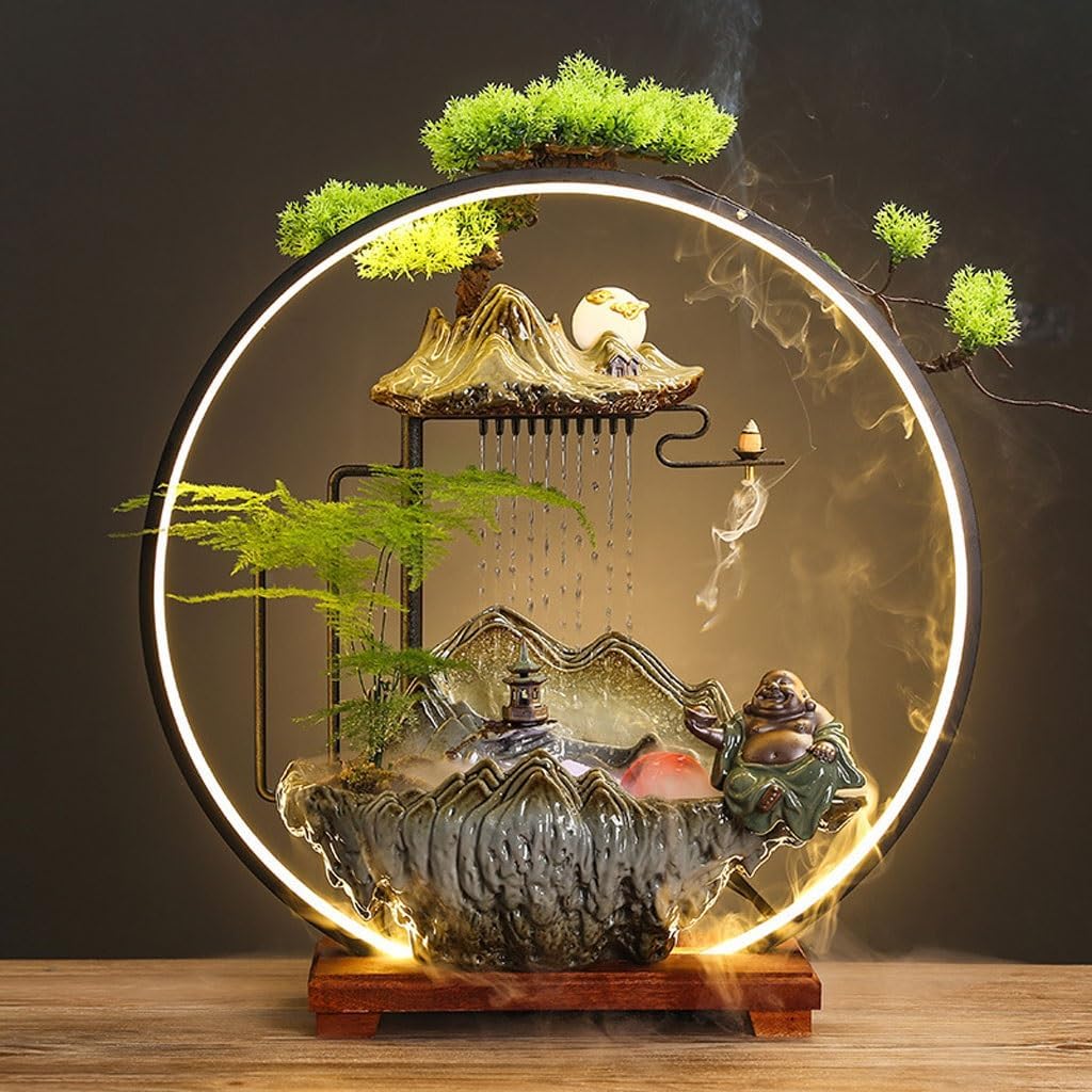 GUERNSEY Tabletop Fountain Chinese Style Maitreya Buddha Water Ornaments Household Rockery Ceramic Circulating Water Fountain Ornaments Indoor Waterfall Feature Indoor Fountain