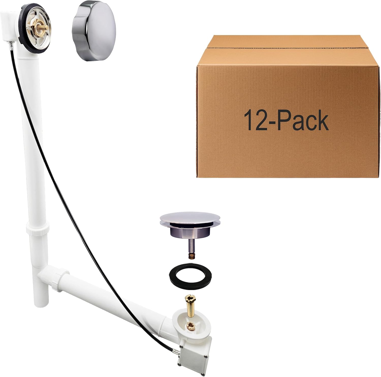Westbrass D50P27TLE-26 27' Cable Drive Standard Bath Drain Trim Kit with Rotary Overflow Cover Knob, Pop-Up Stopper and Poly Tubular Pipes & Fittings, Polished Chrome (12-Pack)