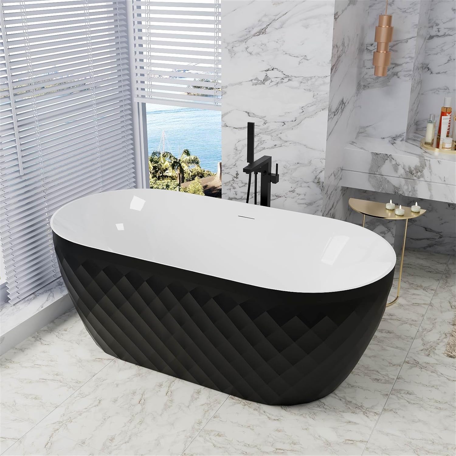 59' Acrylic Freestanding Bathtub，Double Ended Shape lozenge texture Bathtub with Integrated Slotted Overflow, Toe-Tap Chrome Drain, cUPC Certified,Black