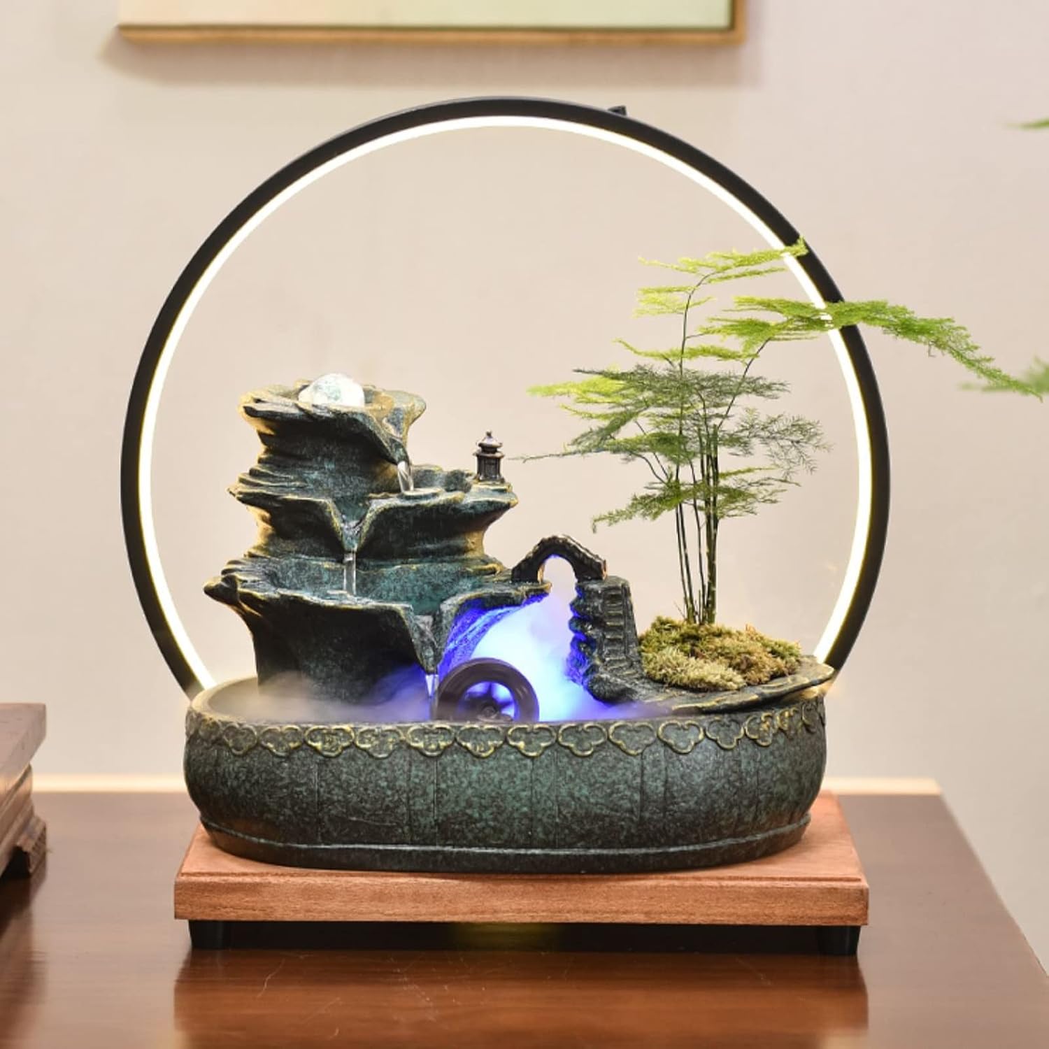 HIHELO Desktop Fountain Ceramic Tabletop Fountain 3 Tiers Indoor Water Feature with Wooden Base and LED Lights for Home, Office Decoration Water Fountain Outdoor