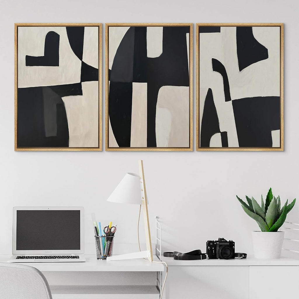 SIGNLEADER Framed Canvas Print Wall Art Set Black and Beige Abstract Shapes Modern Geometric Illustrations Boho Decorative for Living Room, Bedroom, Office - 24'x36'x3 Natural