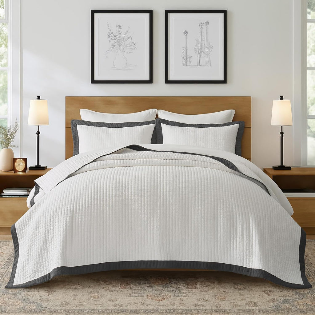 EVERGRACE Cotton Border Frame Tack-Stitch Quilt Bedding Set Queen Size, Coastal Oversized 3 Pieces Lightweight Bedspread Coverlet for All Season, with 2 Matching Shams, Washed Black