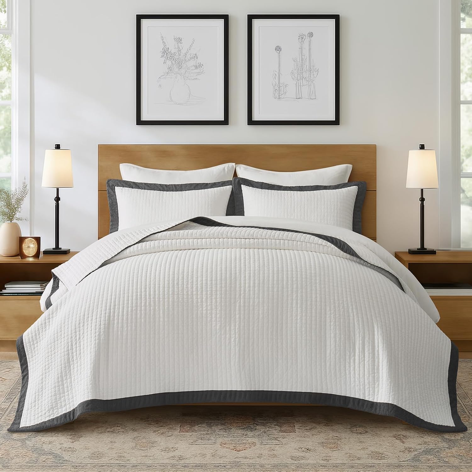 EVERGRACE Cotton Border Frame Tack-Stitch Quilt Bedding Set Queen Size, Coastal Oversized 3 Pieces Lightweight Bedspread Coverlet for All Season, with 2 Matching Shams, Washed Black