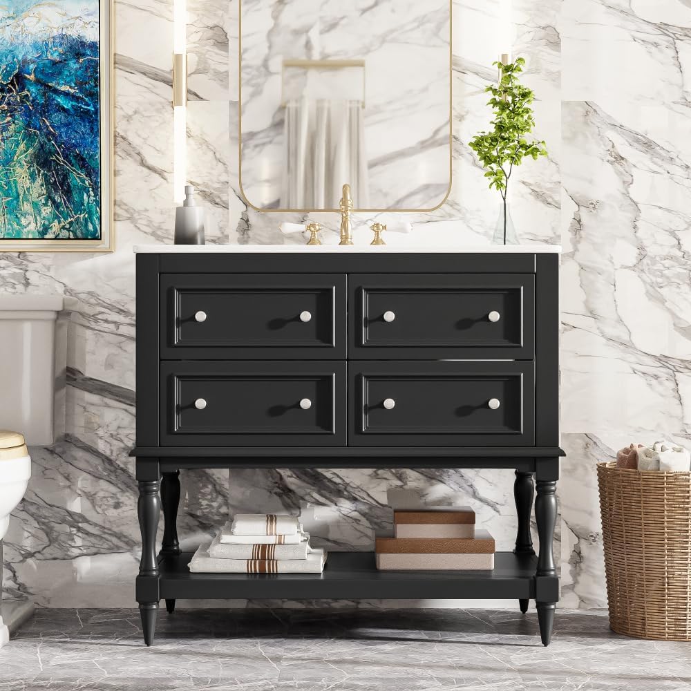 36 Inch Bathroom Vanity with Undermount Ceramic Sink, Free Standing Cabinet with 4 Drawers, Solid Wood Frame Modern Storage Set, Complete Single Basin Vanity for Bathroom (Black)