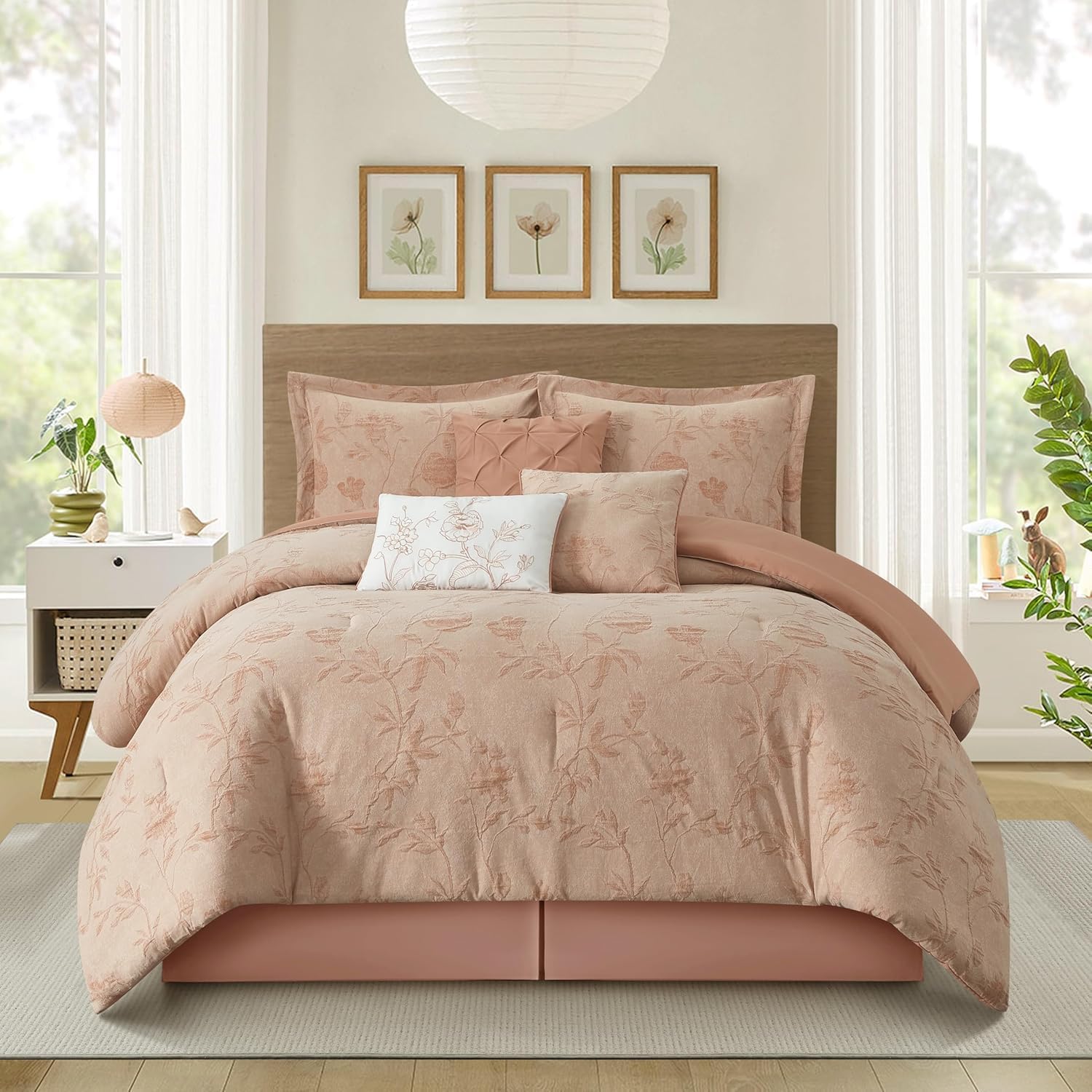 Grand Avenue Floral Comforter Set Queen Size, Blush 7 Pieces Jacquard Bedding Set, Cotton &Polyester Bedding, All Season, Bedskirt, Pillows Shams