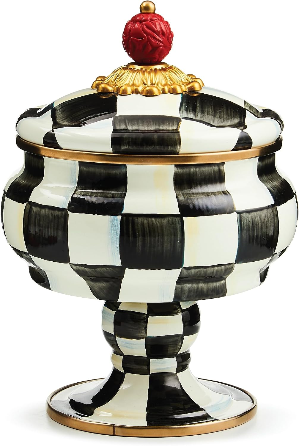 MACKENZIE-CHILDS Enamel Curiosity Pot, Decorative Container for Home Decor, Black-and-White Courtly Check