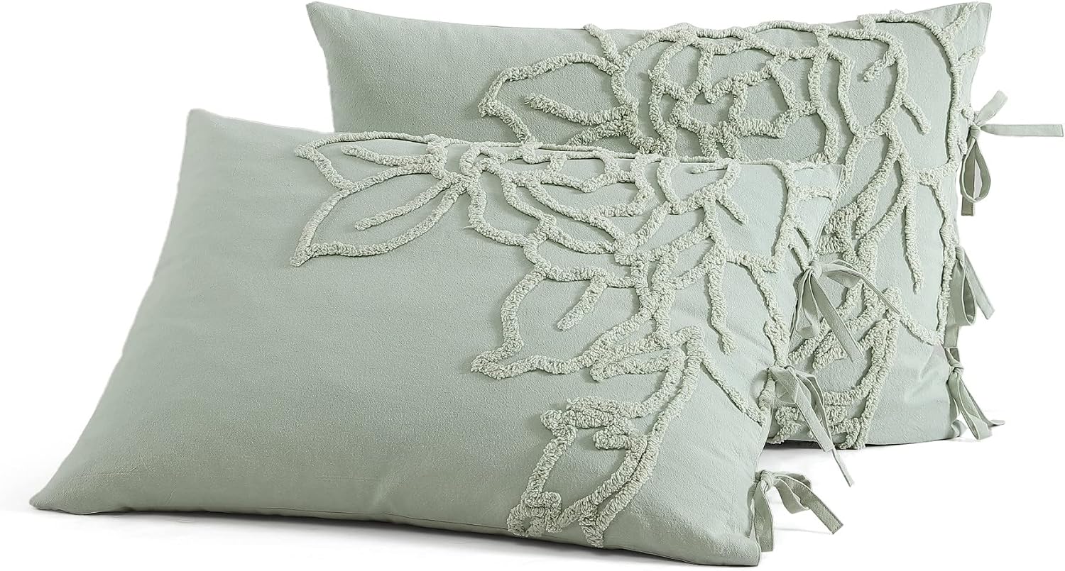 Peri Home 100% Cotton 3-Piece Sage Comforter and Sham Set, Green Chenille Rose, Full/Queen