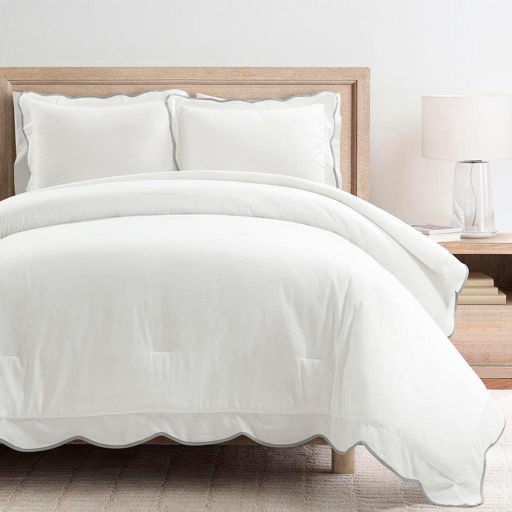 Lush Decor Coastal Chic Scalloped Edge Comforter Set, 3 Piece Set Full/Queen, Gray & White - Queen Bedding Set - White Comforter - Coastal Decor