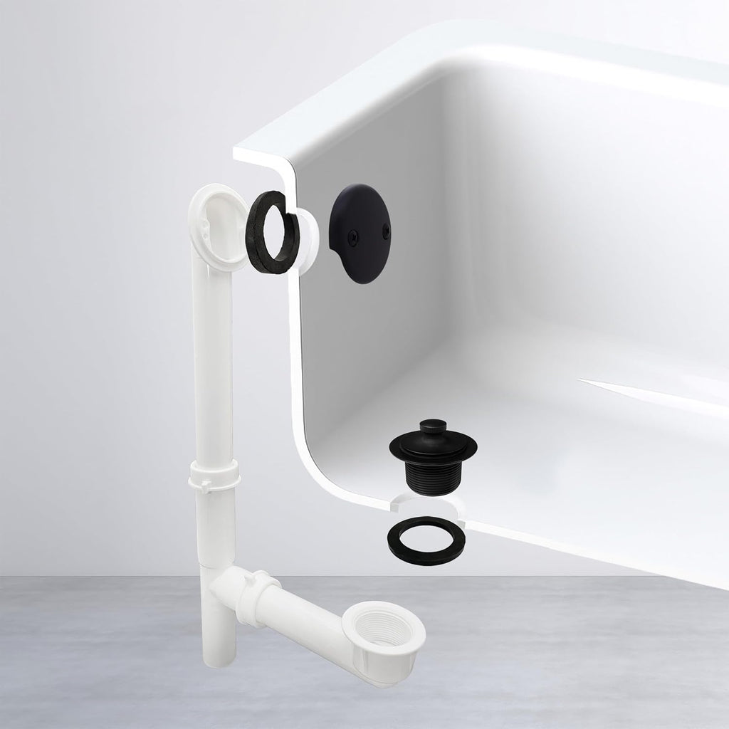 Westbrass 597244-4-62 14' White Poly Tubular Bath Waste & Overflow Assembly with 2-Hole Faceplate and Pull To Close Drain Plug, Matte Black (4-Pack)