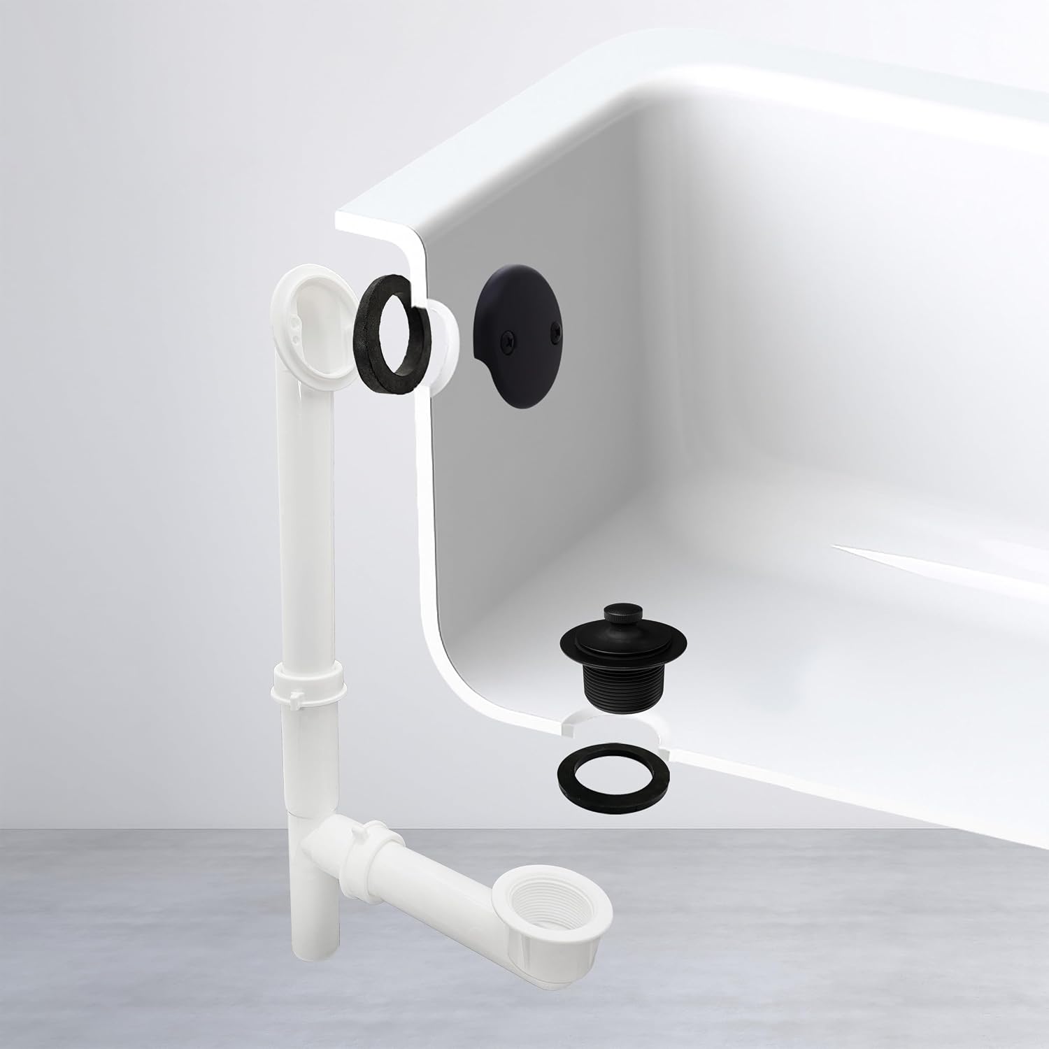 Westbrass 597244-4-62 14' White Poly Tubular Bath Waste & Overflow Assembly with 2-Hole Faceplate and Pull To Close Drain Plug, Matte Black (4-Pack)