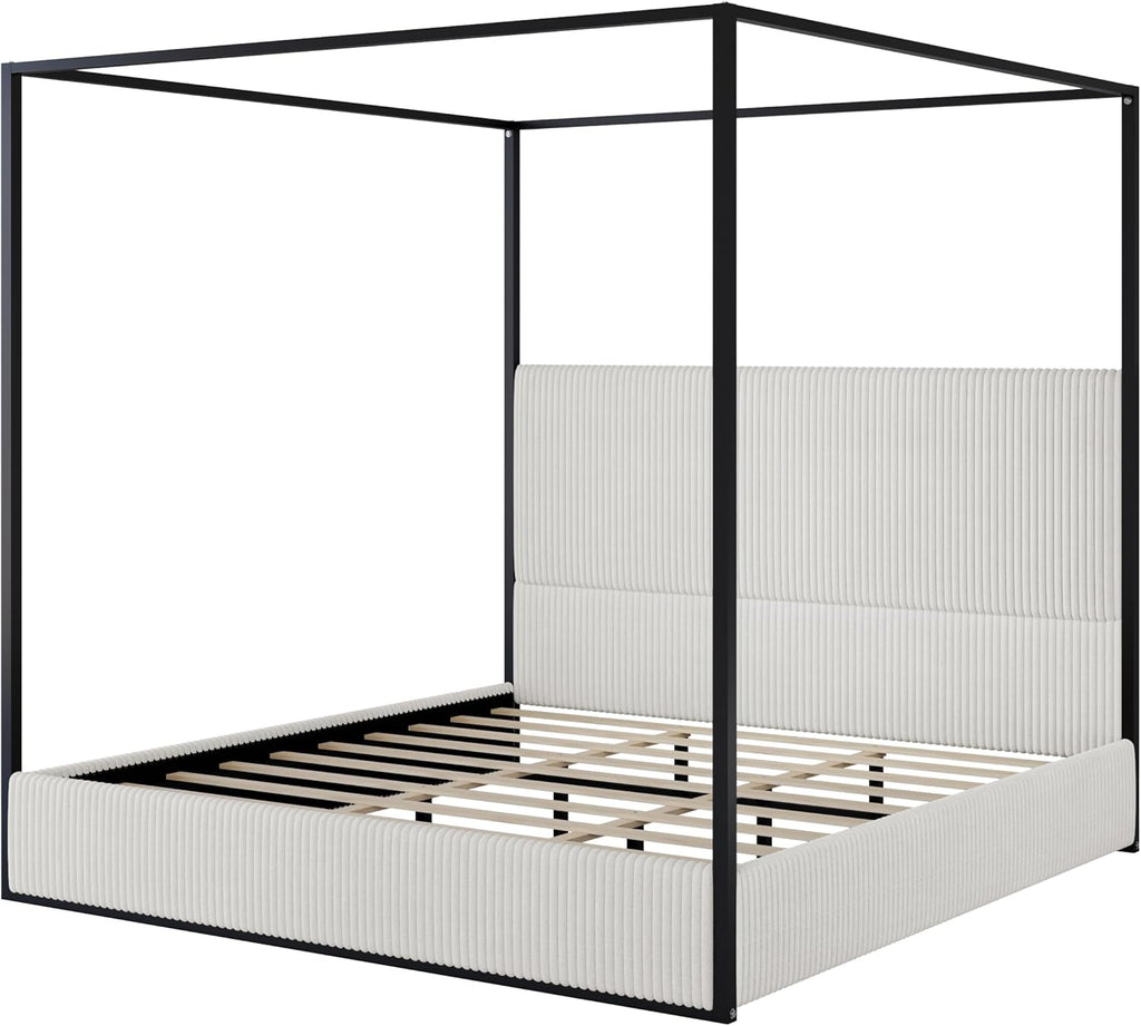 LUMISOL Queen Size Upholstered Canopy Bed, Metal 4 Poster Platform Bed with Tall Corduroy Headboard, Canopy Bed Frame with Wood Slats Support, No Box Spring Needed, Black + White