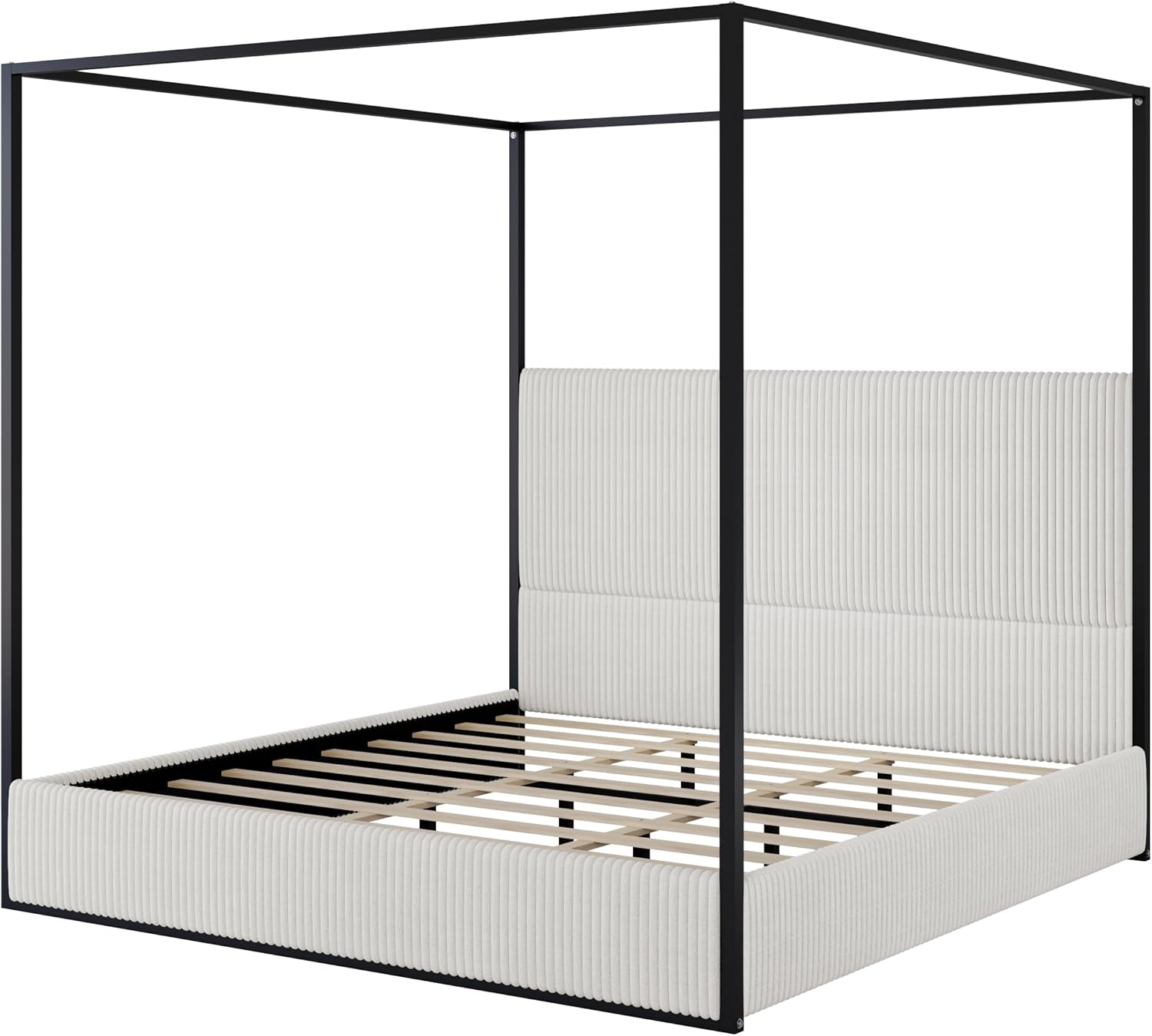 LUMISOL Queen Size Upholstered Canopy Bed, Metal 4 Poster Platform Bed with Tall Corduroy Headboard, Canopy Bed Frame with Wood Slats Support, No Box Spring Needed, Black + White