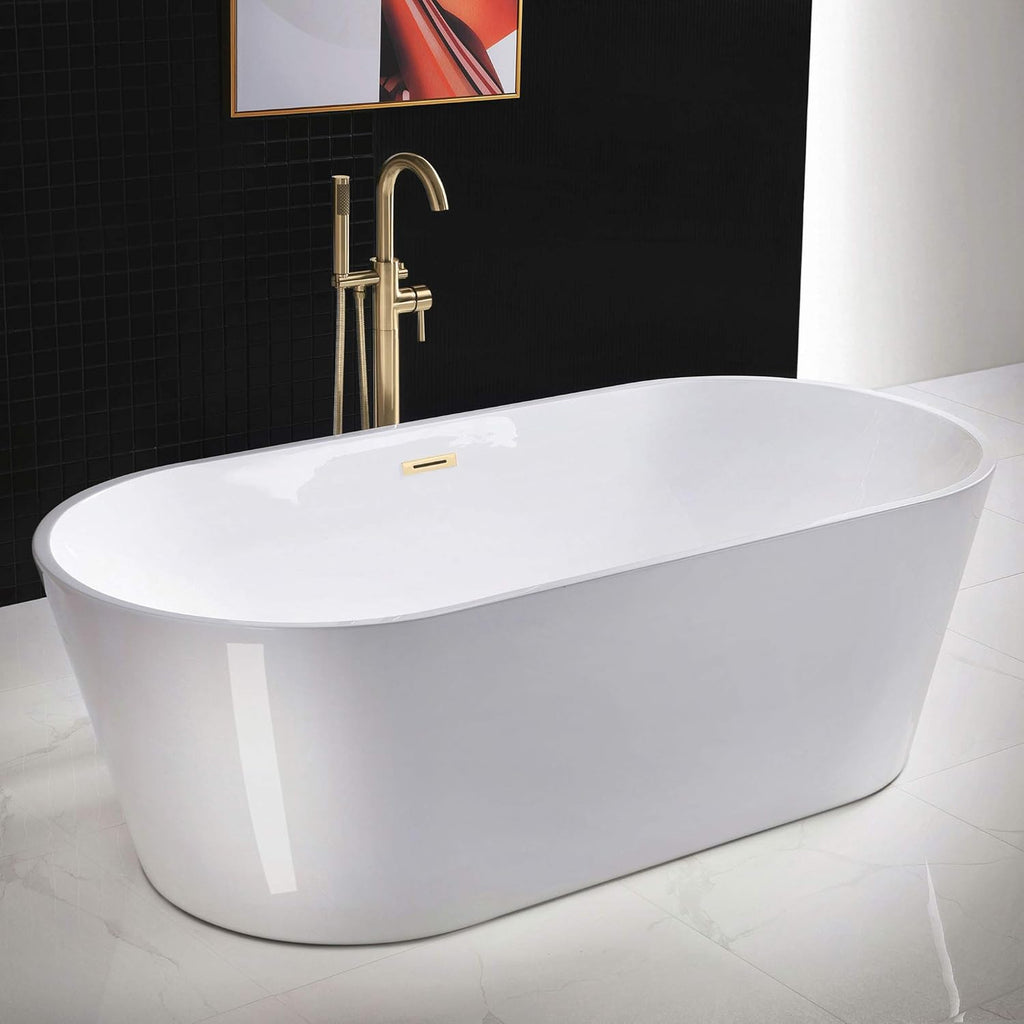 WOODBRIDGE 71' Acrylic Freestanding Bathtub Contemporary Soaking White Tub with Brushed Gold Overflow and Drain,B1701-BG
