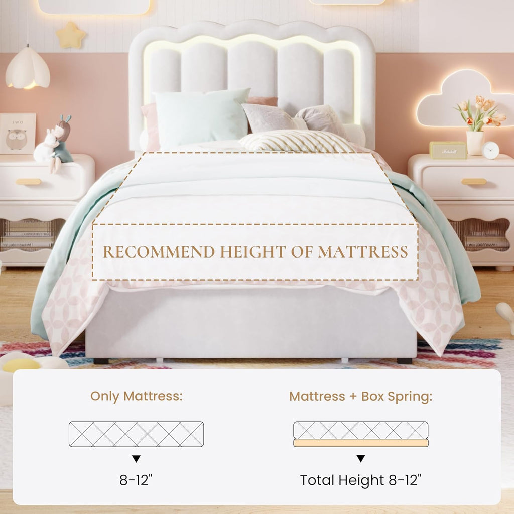 SHA CERLIN Upholstered Twin Size Bed Frame with LED Lights and Large Storage Drawer, Velvet Platform Bed with Adjustable Wavy Headboard, Noise Free, Easy Assembly, No Box Spring Needed, Soft White