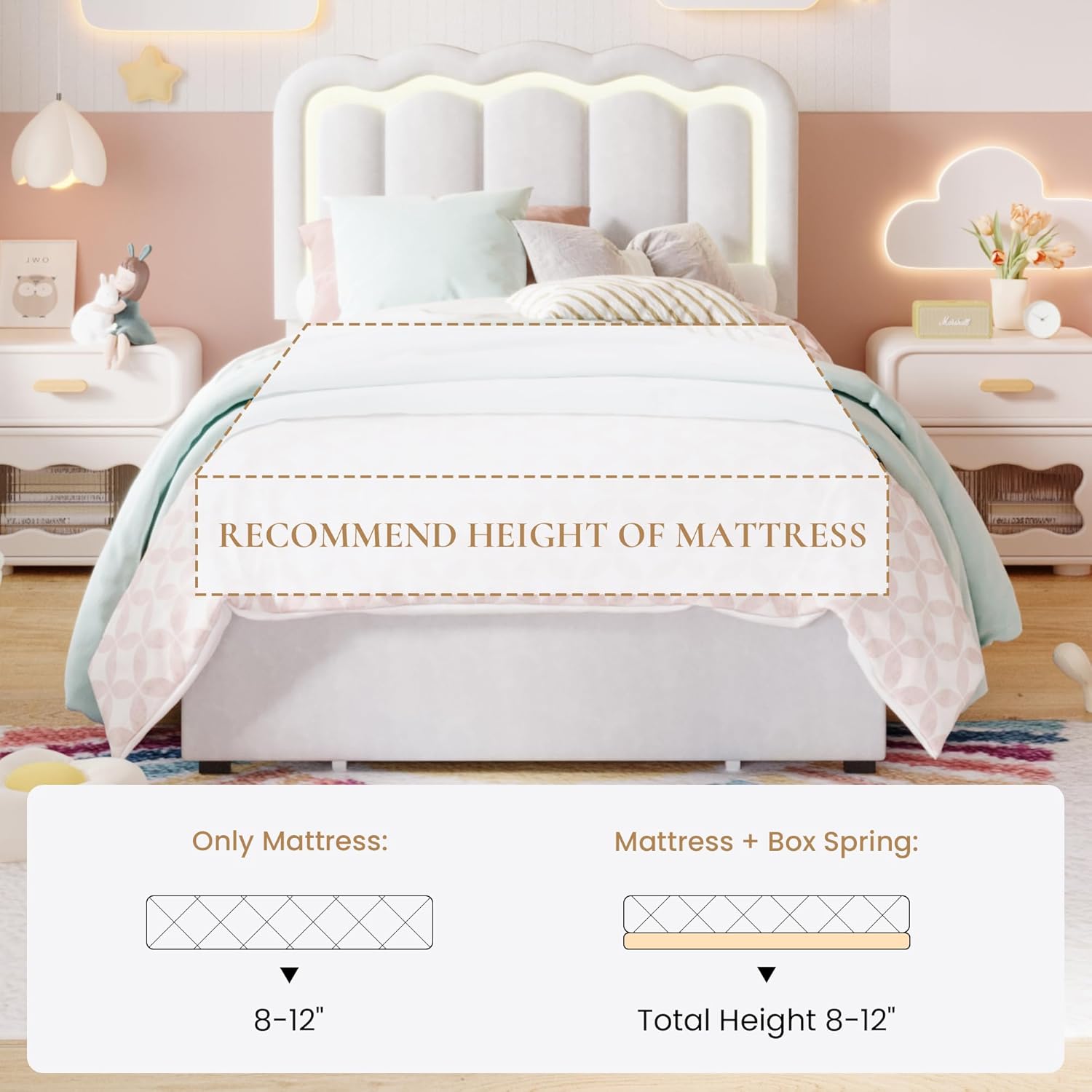 SHA CERLIN Upholstered Twin Size Bed Frame with LED Lights and Large Storage Drawer, Velvet Platform Bed with Adjustable Wavy Headboard, Noise Free, Easy Assembly, No Box Spring Needed, Soft White