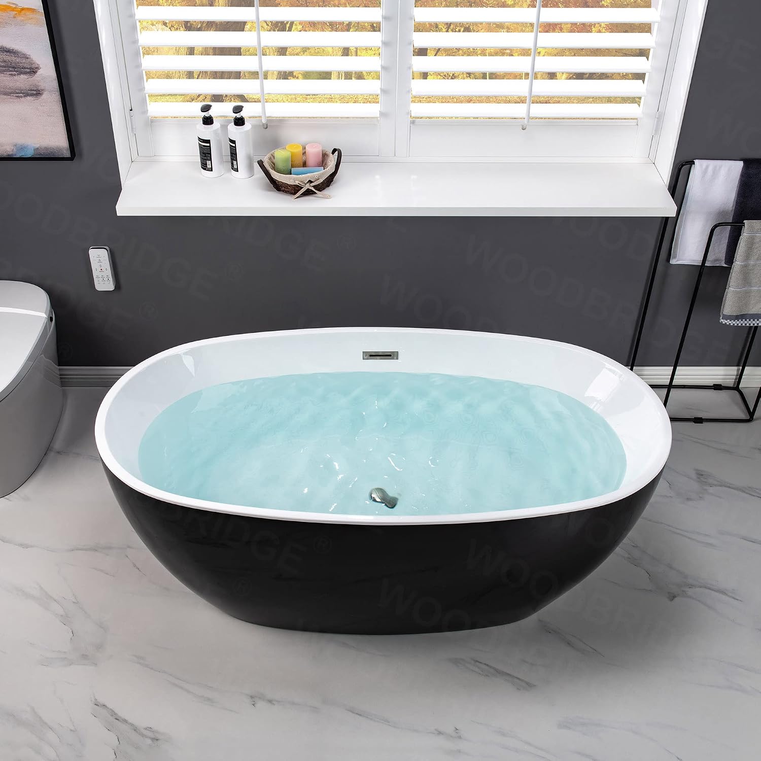 WOODBRIDGE 59' Acrylic Freestanding Bathtub Contemporary Soaking Black Tub with Brushed Nickel Overflow and Drain,Black,B1818-BN