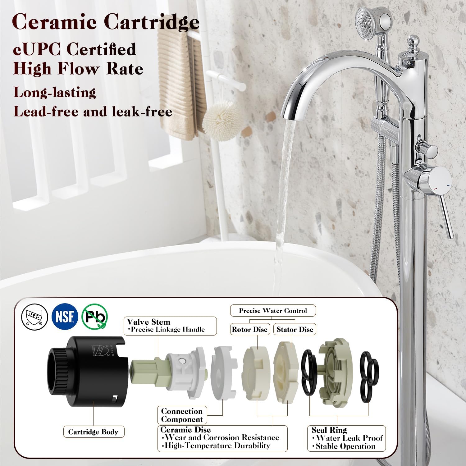 Free Standing Tub Faucet, Classic Freestanding Bathtub Faucet with Vintage Hand Shower Brass High Flow Rate Floor Mount Tub Filler Swivel Spout Soaker Tub Faucets Polished Chrome (WT-9002CP)