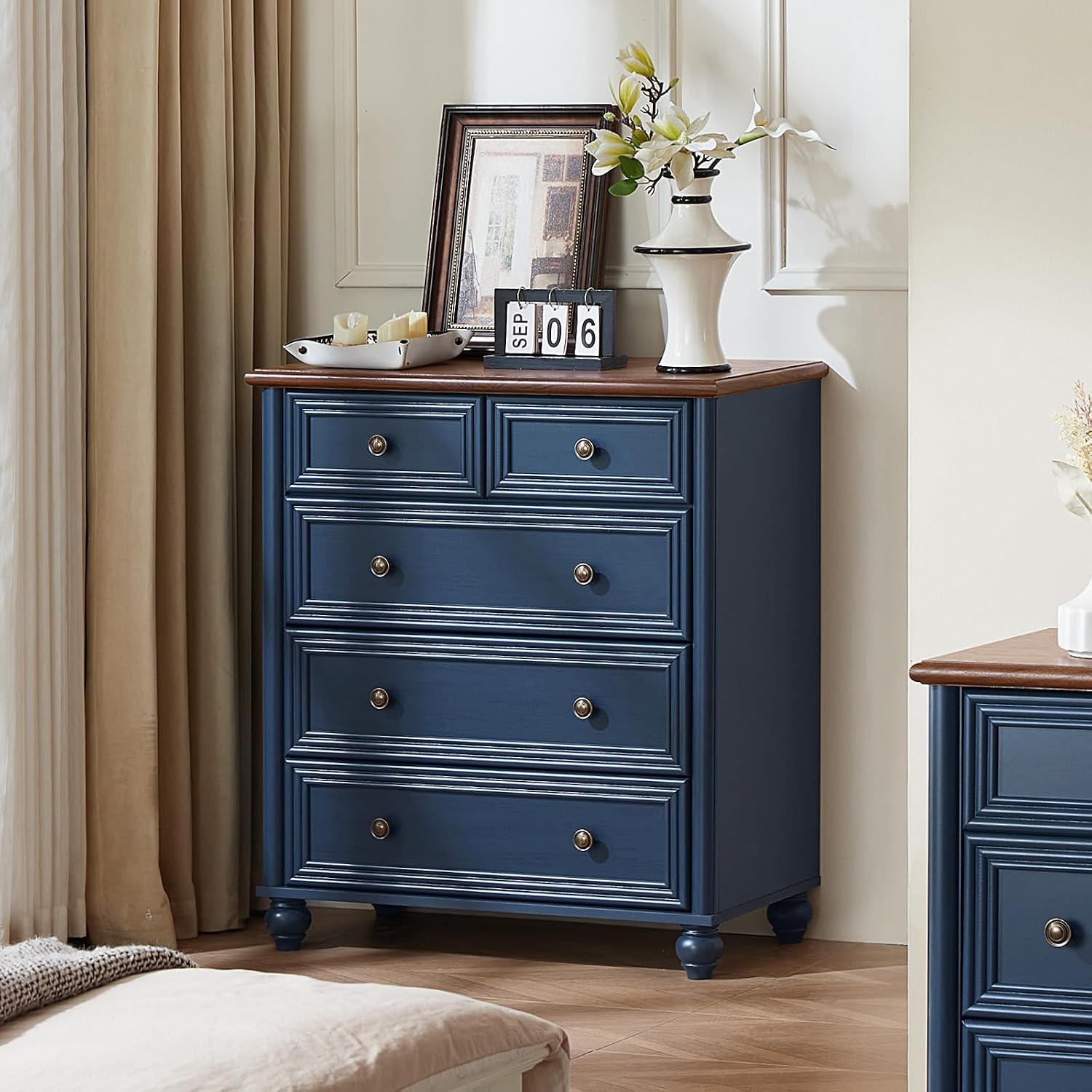 RWYHG Farmhouse 5 Drawer Dresser for Bedroom Set of 2, 35.5' Tall Small Dressers & Chest of Drawers, Rustic Wood Dresser with Roman Column, Storage Organizer for Living Room, Hallway, Closet (Blue)