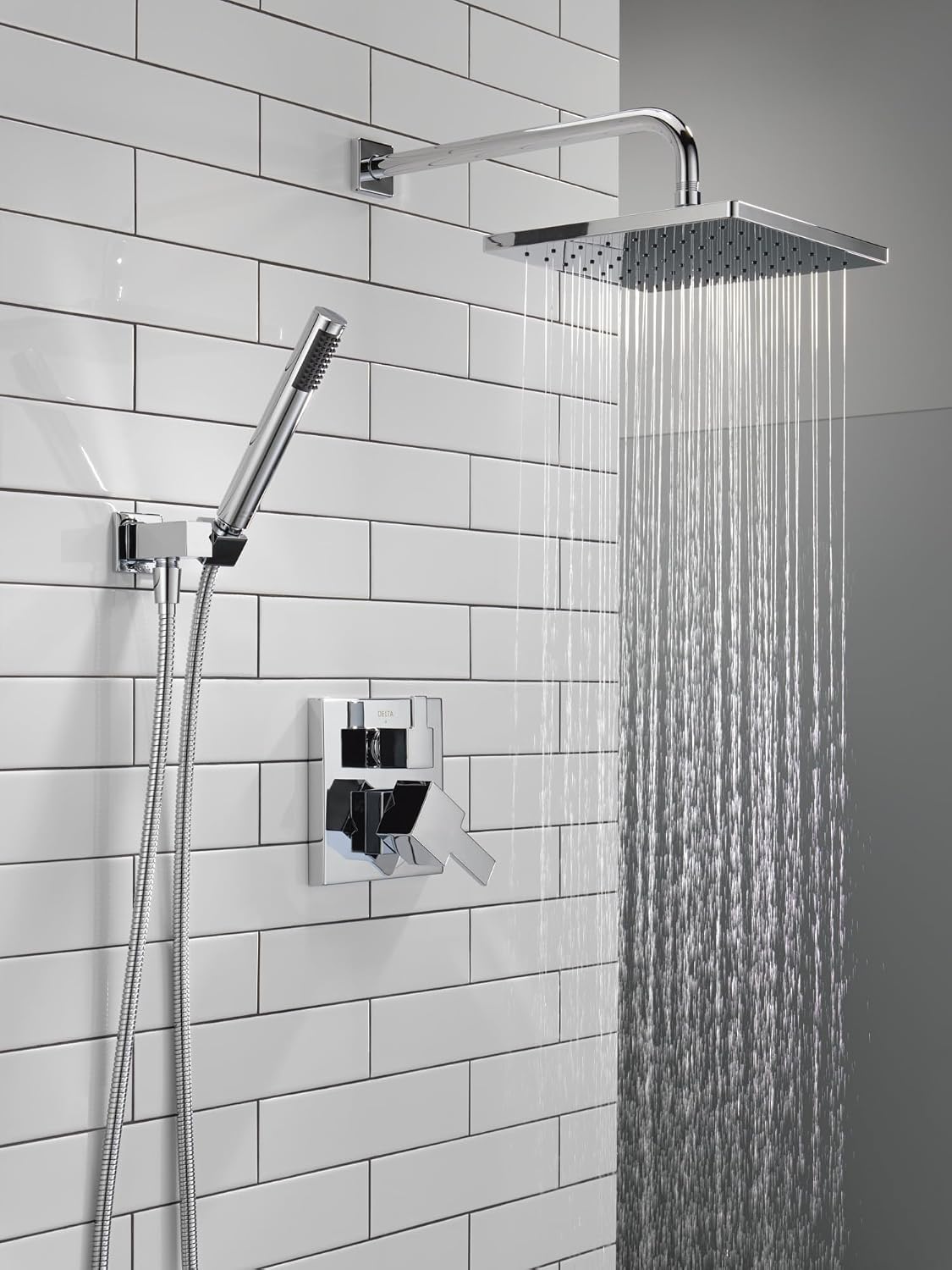 Delta Modern 14 Series Square Rain Shower System Faucet Set, Rainfall Chrome Shower Head and Handle Set, Valve Trim Kit, 10 Inch, Chrome T342701 (Valve Not Included)
