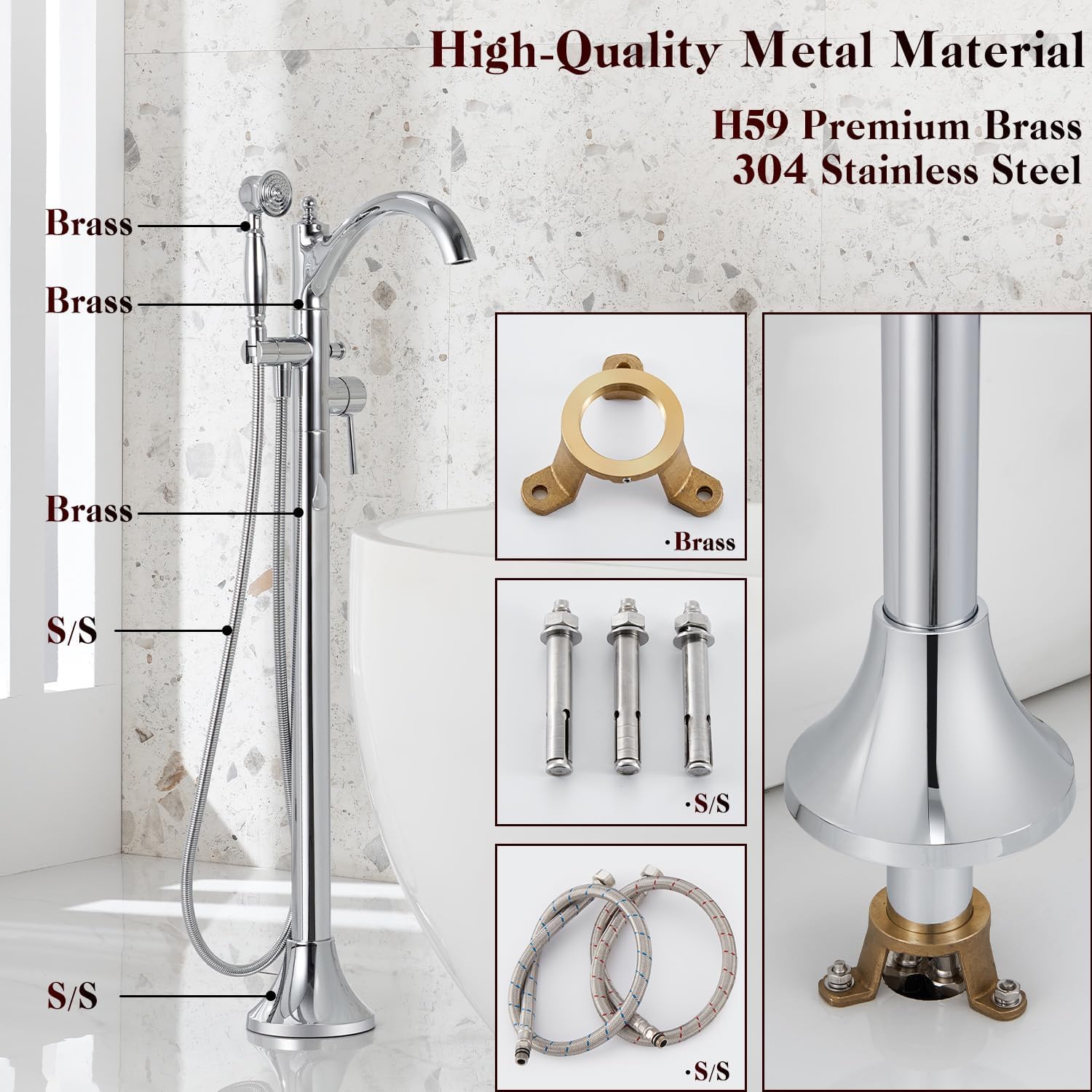 Free Standing Tub Faucet, Classic Freestanding Bathtub Faucet with Vintage Hand Shower Brass High Flow Rate Floor Mount Tub Filler Swivel Spout Soaker Tub Faucets Polished Chrome (WT-9002CP)