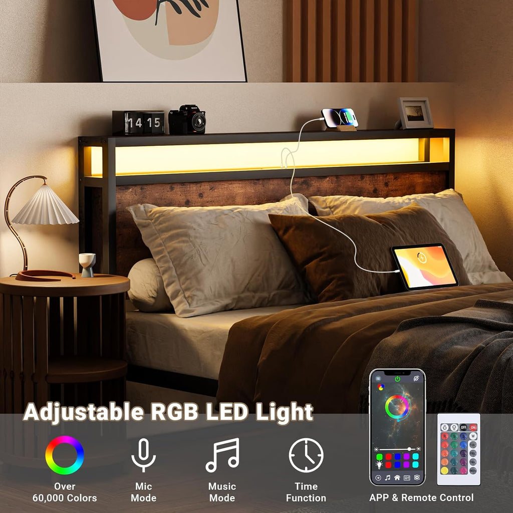 Zevemomo Full Bed Frame w/Storage Drawers and Headboard, Wooden Full Size Bed Frame w/Adjustable RGB LED Lights & Charging Station, Built-in USB Ports for Charging, Brown Full Metal Platform Bed