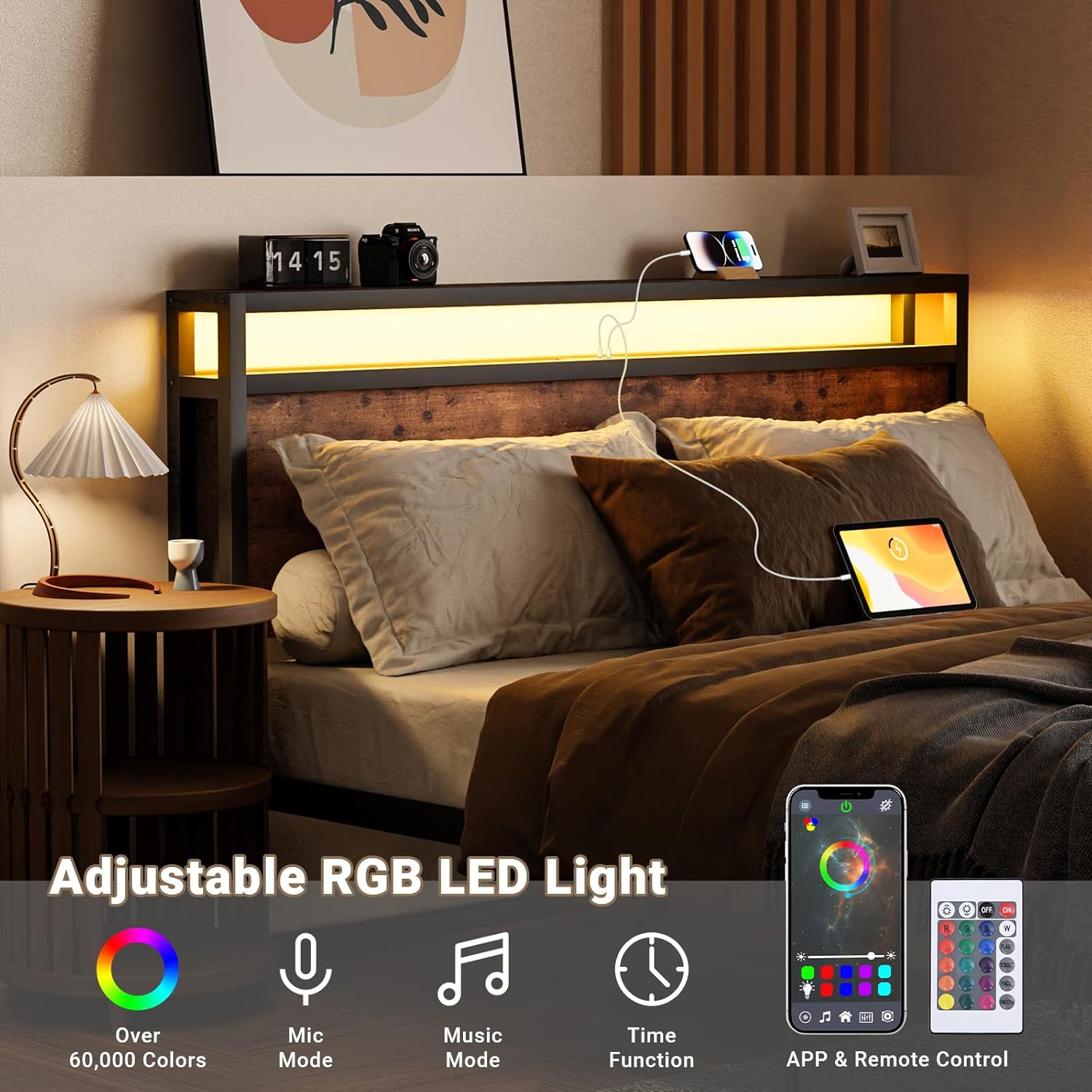 Zevemomo Full Bed Frame w/Storage Drawers and Headboard, Wooden Full Size Bed Frame w/Adjustable RGB LED Lights & Charging Station, Built-in USB Ports for Charging, Brown Full Metal Platform Bed