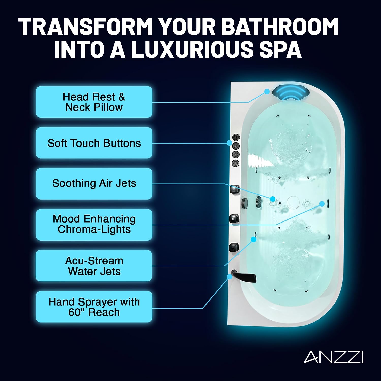ANZZI Stone Bell 67' x 32' Freestanding Bathtub, Center Drain | Flat Bottom Tub with Air and Whirlpool Massage Jets, Lights, 5-Piece Faucet, 92 Gallon Free Standing Tub - White and Black