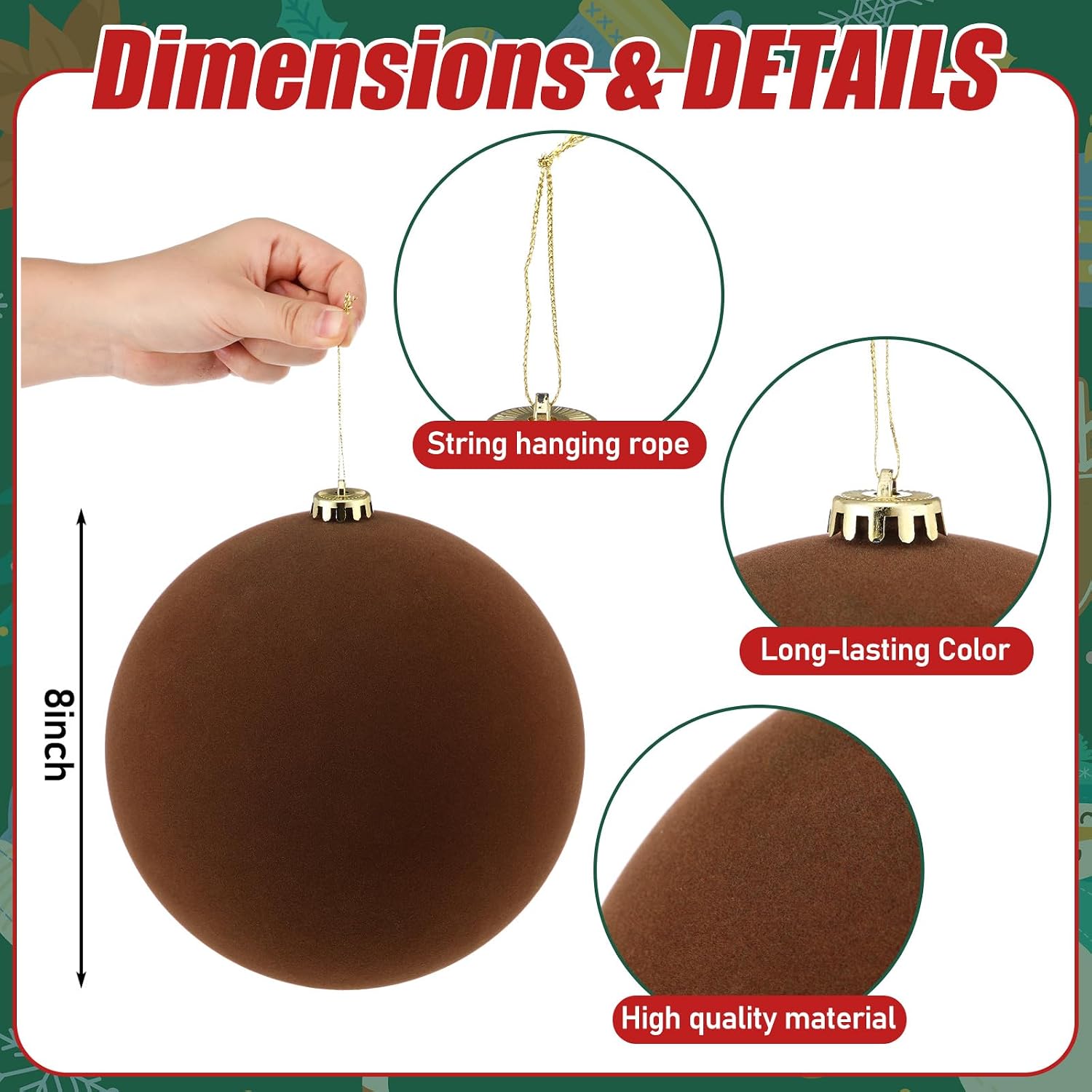 Hollowfly 12 Pcs 8 Inch Extra Large Velvet Christmas Balls Oversized Huge Big Christmas Tree Ornaments Balls for Family Holiday Xmas Tree Hanging (Brown)