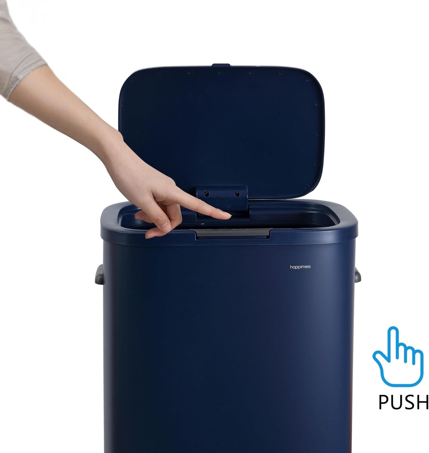 happimess HPM1017J Tammi Kitchen 14.5-Gallon Slim Metal Push Button Trash Can for Home, Kitchen, Laundry Room, Office, Bedroom, Bathroom, Denim Blue