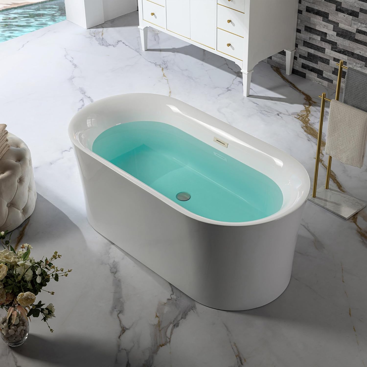 WOODBRIDGE 59' Acrylic Freestanding Bathtub Contemporary Soaking Tub with Brushed Nickel Overflow and Drain,White Tub,B0058-BN