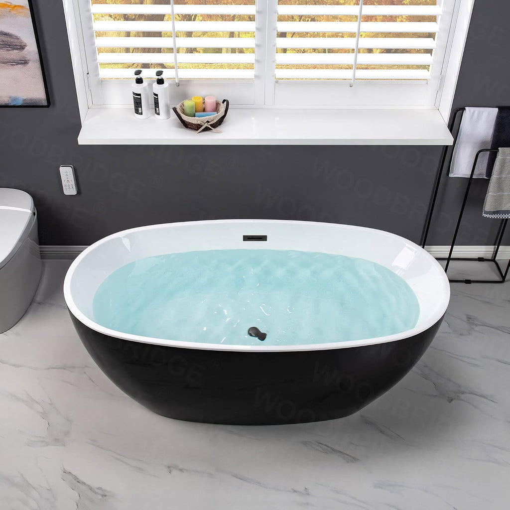 WOODBRIDGE 59' Acrylic Freestanding Bathtub Contemporary Soaking Black Tub with Matte Black Overflow and Drain,Black,B1818 MB