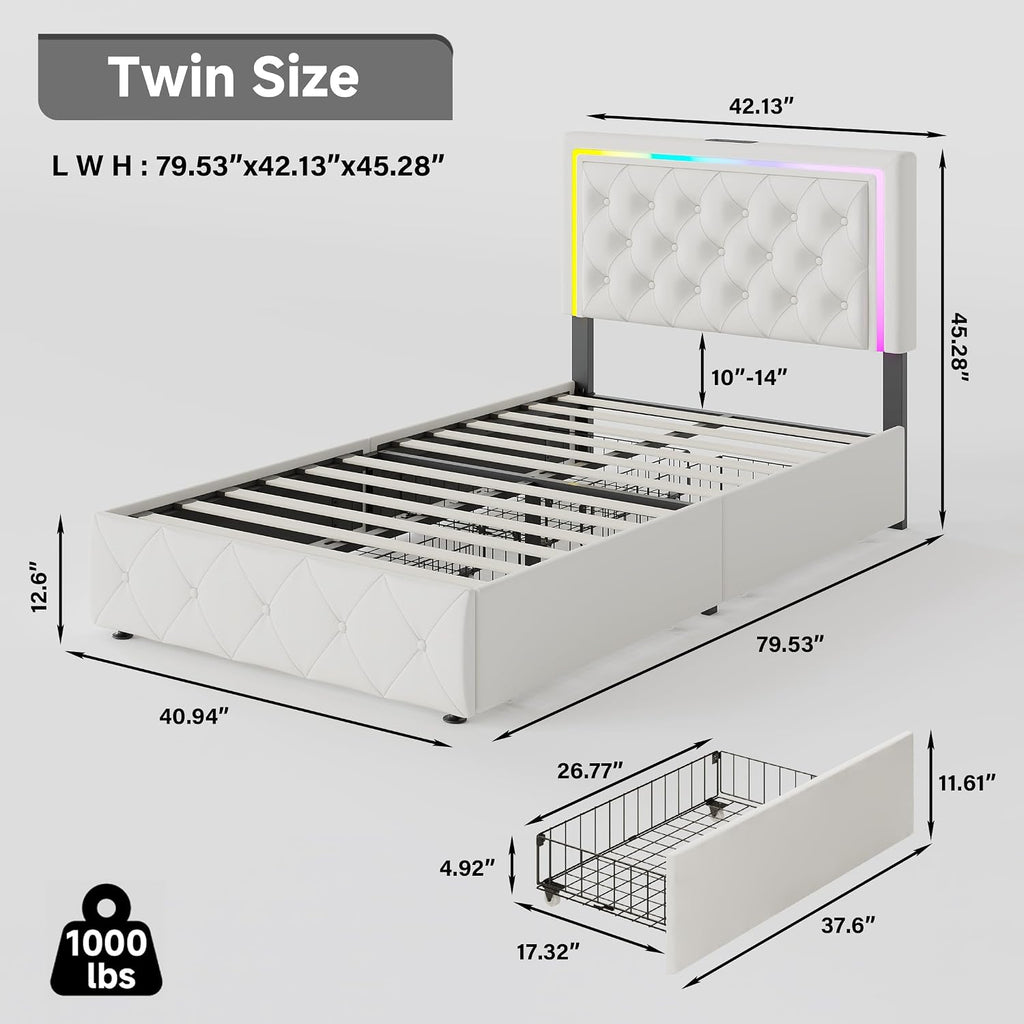 LED Twin Bed Frames with Headboard and Storage,Twin Size Bed Frames with 4 Storage Drawers and LED Lights,Velvet Upholstered Platform Twin Bed Frame with Charging Station,No Box Spring Needed,White