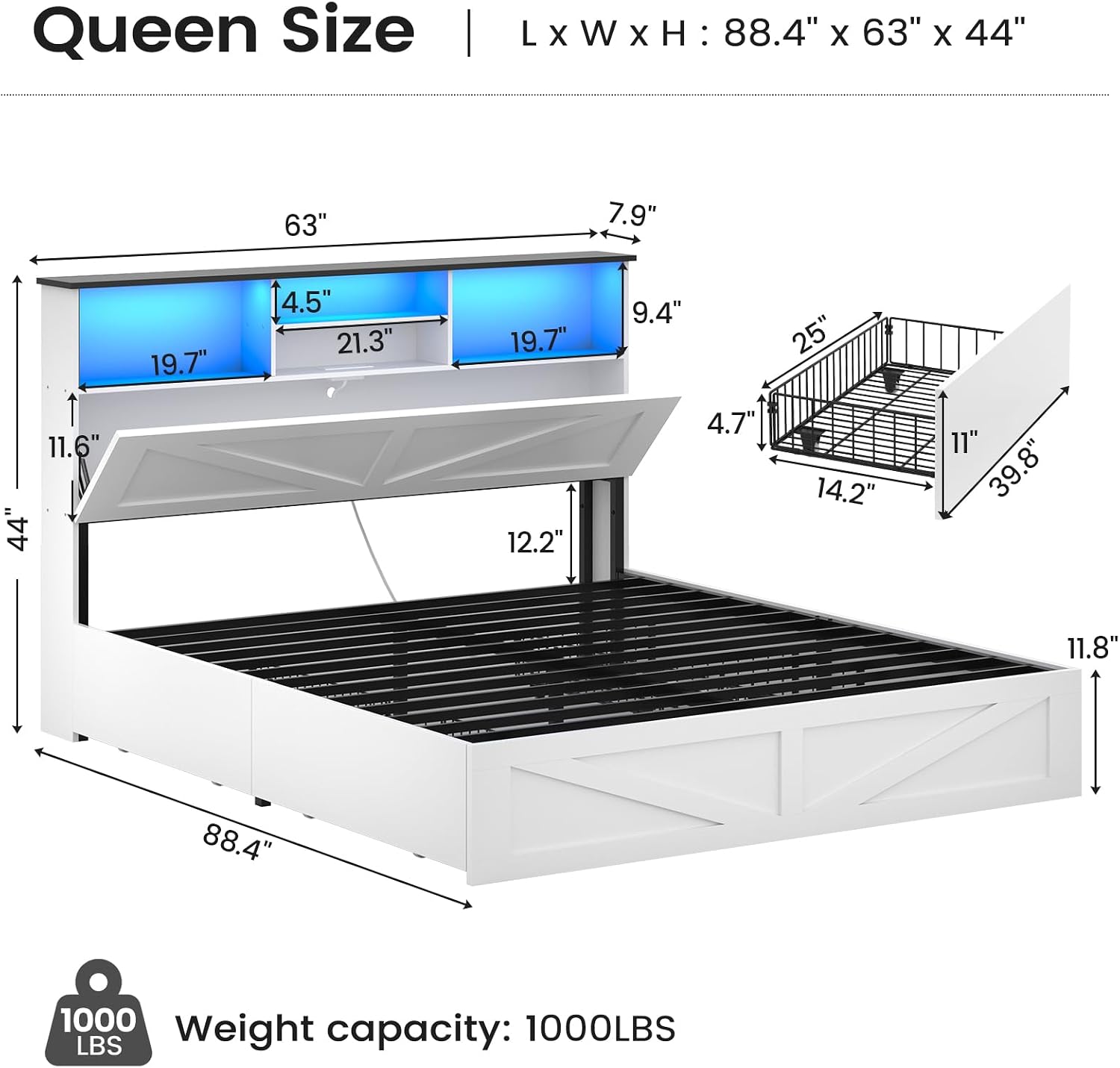 AOGLLATI Farmhouse Queen Bed Frame with 4 Storage Drawers and Led Lights, Wooden Bed Frame Queen Size with Hidden Space Bookcase Headboard and Led Lights & Metal Slats, White