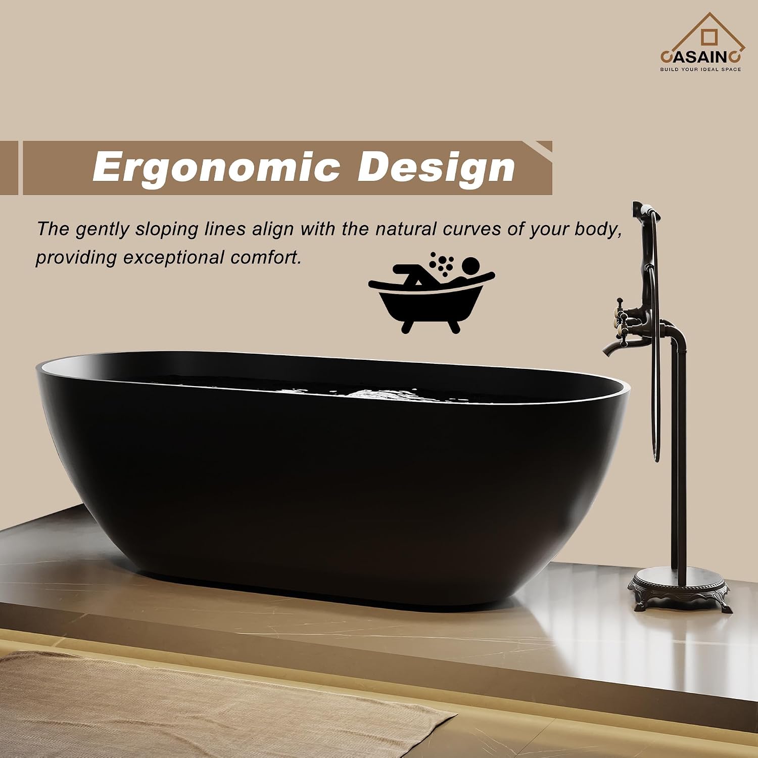 CASAINC 69' Free Standing Tub, Oval-Shaped Stone Resin Freestanding Bathtub Matte Black Solid Surface Soaking Tub with Drain, Drain Hose & Sanding Paper