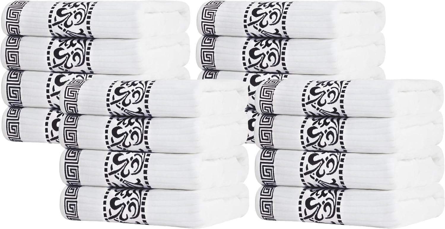 Superior 4-Piece Bath Towel Set, Greek/Floral Decor for Bathroom, Guest Bath, Resort, Home Essentials, Absorbent Cotton, Adults and Kids, Fast Drying Towels, Athens Collection, Black (Pack of 16)