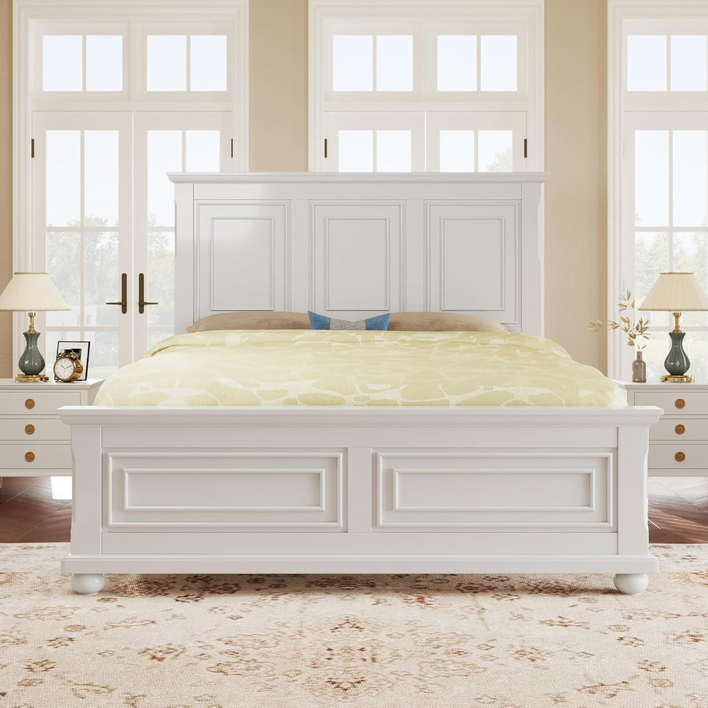 MERITLINE Vintage Farmhouse Bed Frame Queen,Solid Wood Mid Century Modern Rustic Bed Frame with Headboard and Footboard,No Box Spring Needed (White,Queen)