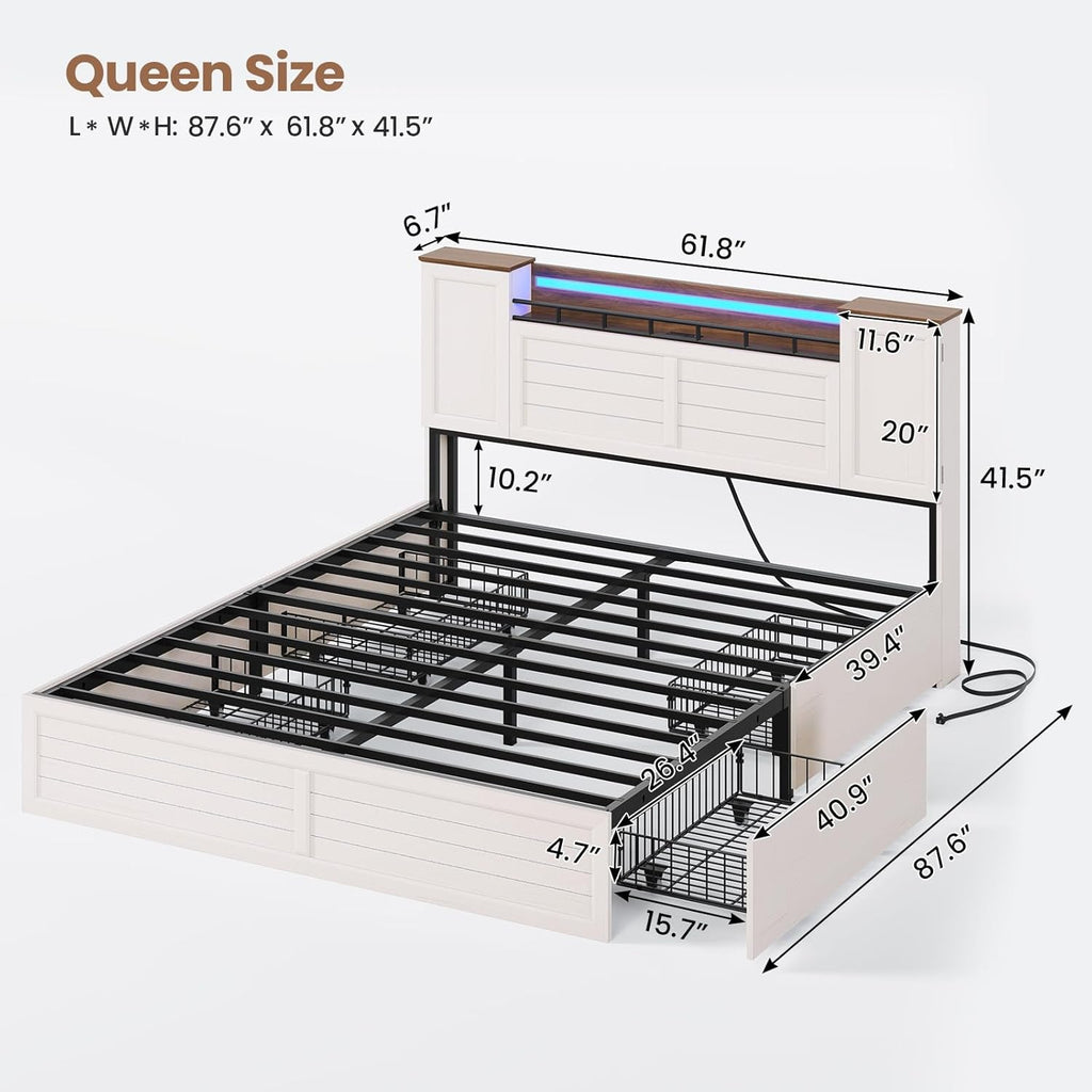 VIAGDO Farmhouse Queen Bed Frame with Headboard and Double Barn Door Storage Cabinets, Rustic Wooden Bed Frame Queen Size with Charging Station, 4 Drawers and LED Lights, No Box Spring Needed, White