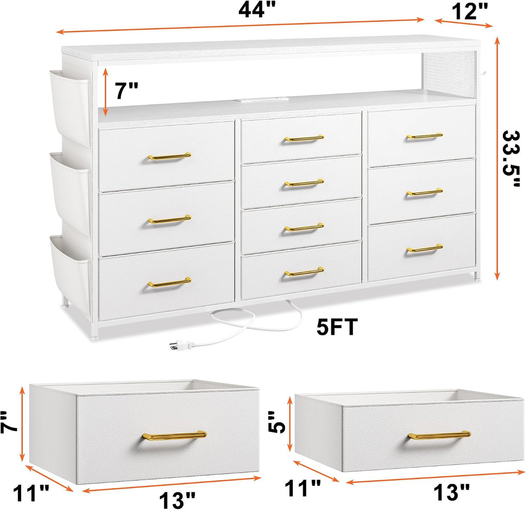 1EnHomee Dresser for Bedroom with 10 Drawers, 55' TV Stands with LED Lights & Power Outlets, Dressers with Shelves & Side Pockets, Hooks for Hallway,White