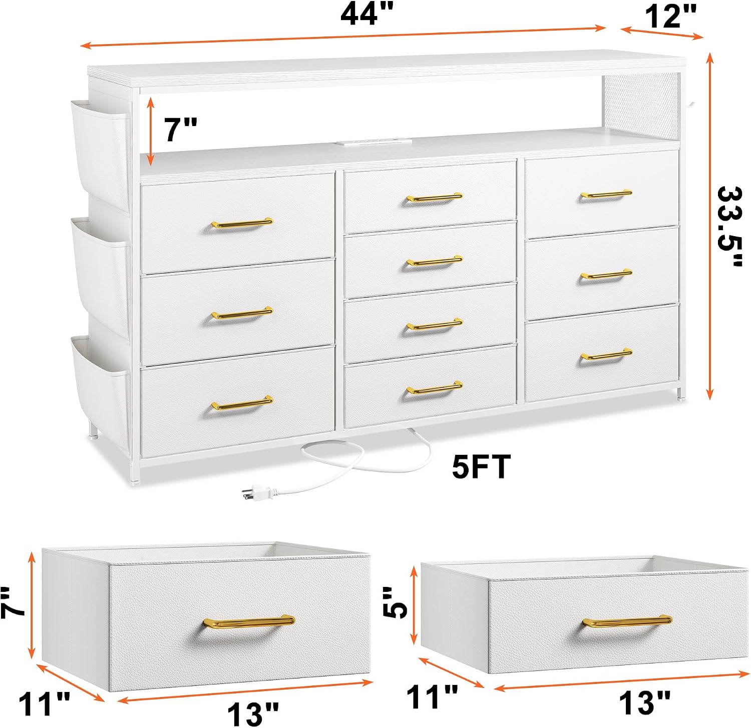 1EnHomee Dresser for Bedroom with 10 Drawers, 55' TV Stands with LED Lights & Power Outlets, Dressers with Shelves & Side Pockets, Hooks for Hallway,White