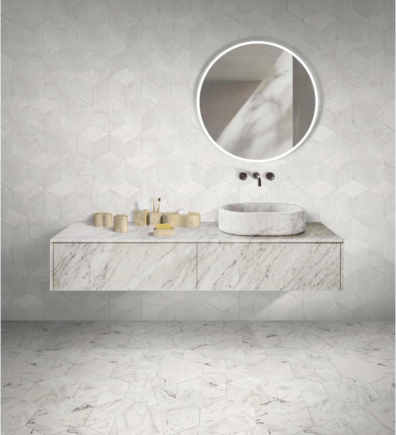 Natural Marble Bathroom Accessories Set, Beige Gold - 6-Piece Set for Modern Home Decor