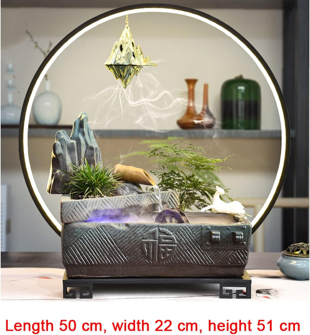Desktop Fountain Indoor Fountain Ceramics Tabletop Fountain with LED Lights Zen Waterfall Fountains Relaxation Water Feature Meditation Desktop Fountain for Home Office Decor Indoor Fountain