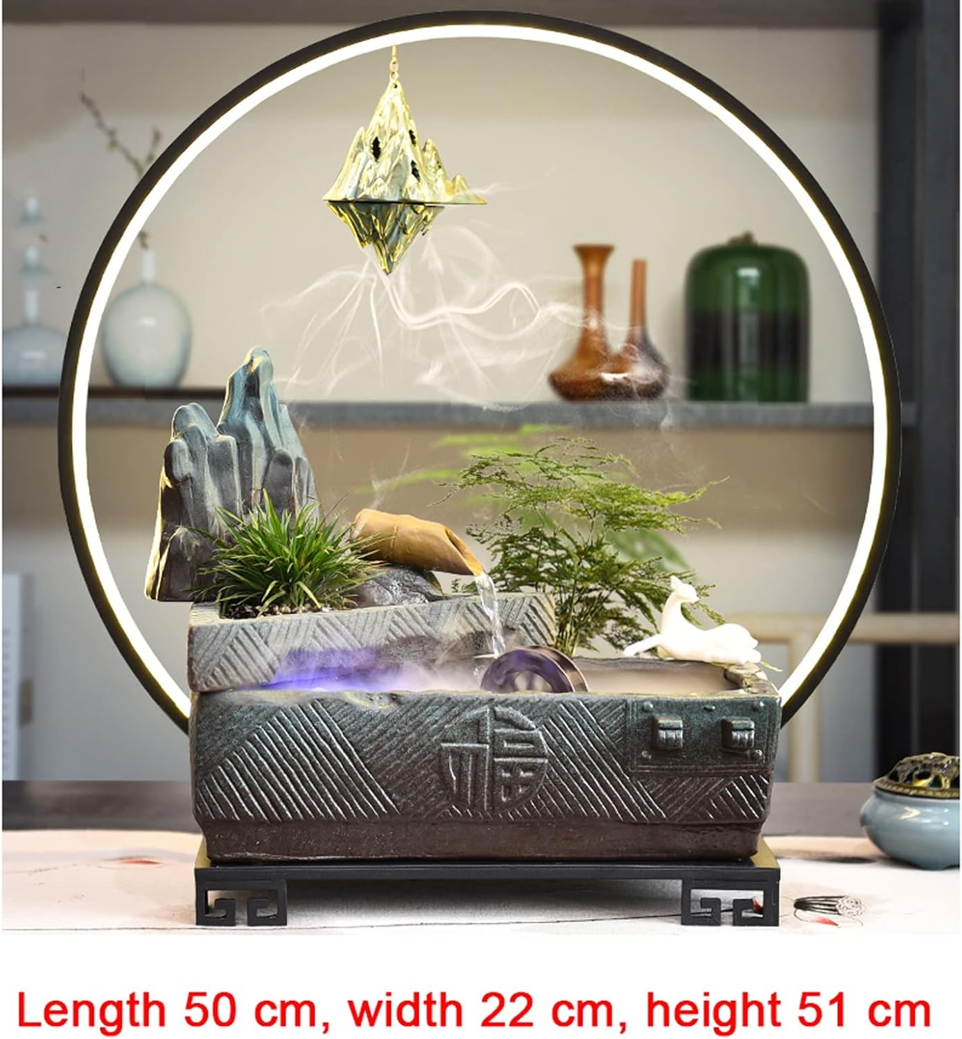 Tabletop Water Fountain Indoor Fountain Ceramics Tabletop Fountain with LED Lights Zen Waterfall Fountains Relaxation Water Feature Meditation Desktop Fountain for Home Office Decor Indoor Fountain