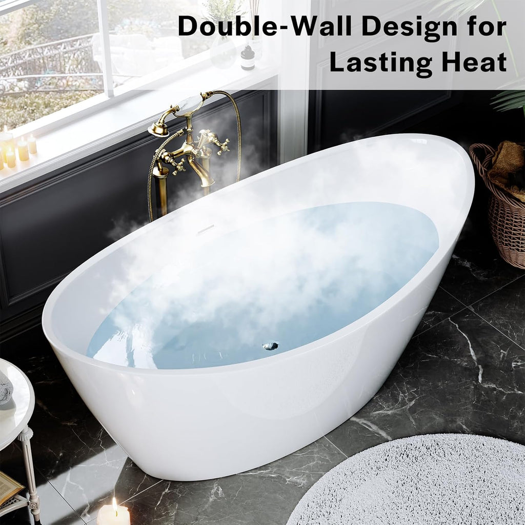 Empava Bathtub, 67' Soaking Tub, Acrylic Free Standing Tub with Center Drain and Overflow, Contemporary Design Bathtub for Bathroom, cUPC Certified, Glossy White