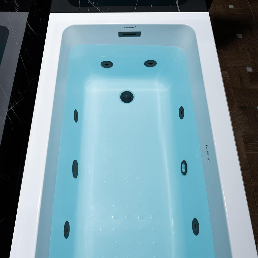 WOODBRIDGE 60' x 30' Alcove Acrylic Rectangular Whirlpool Heated Jetted Tub in White with right Drain, Matte Black Finish, BS666-R-MB02